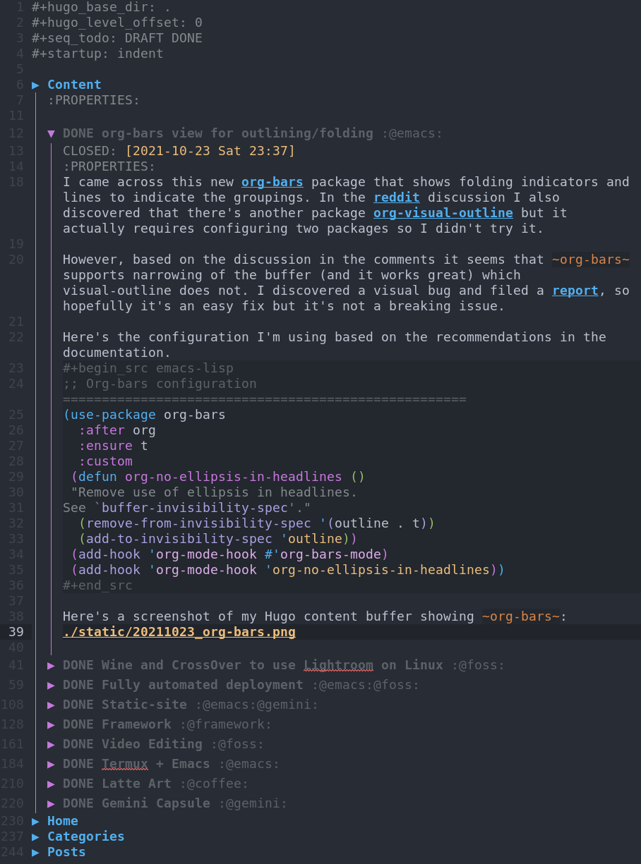 Screenshot of this post inside an Emacs buffers with org-bars drawing vertical lines between each hierarchical node