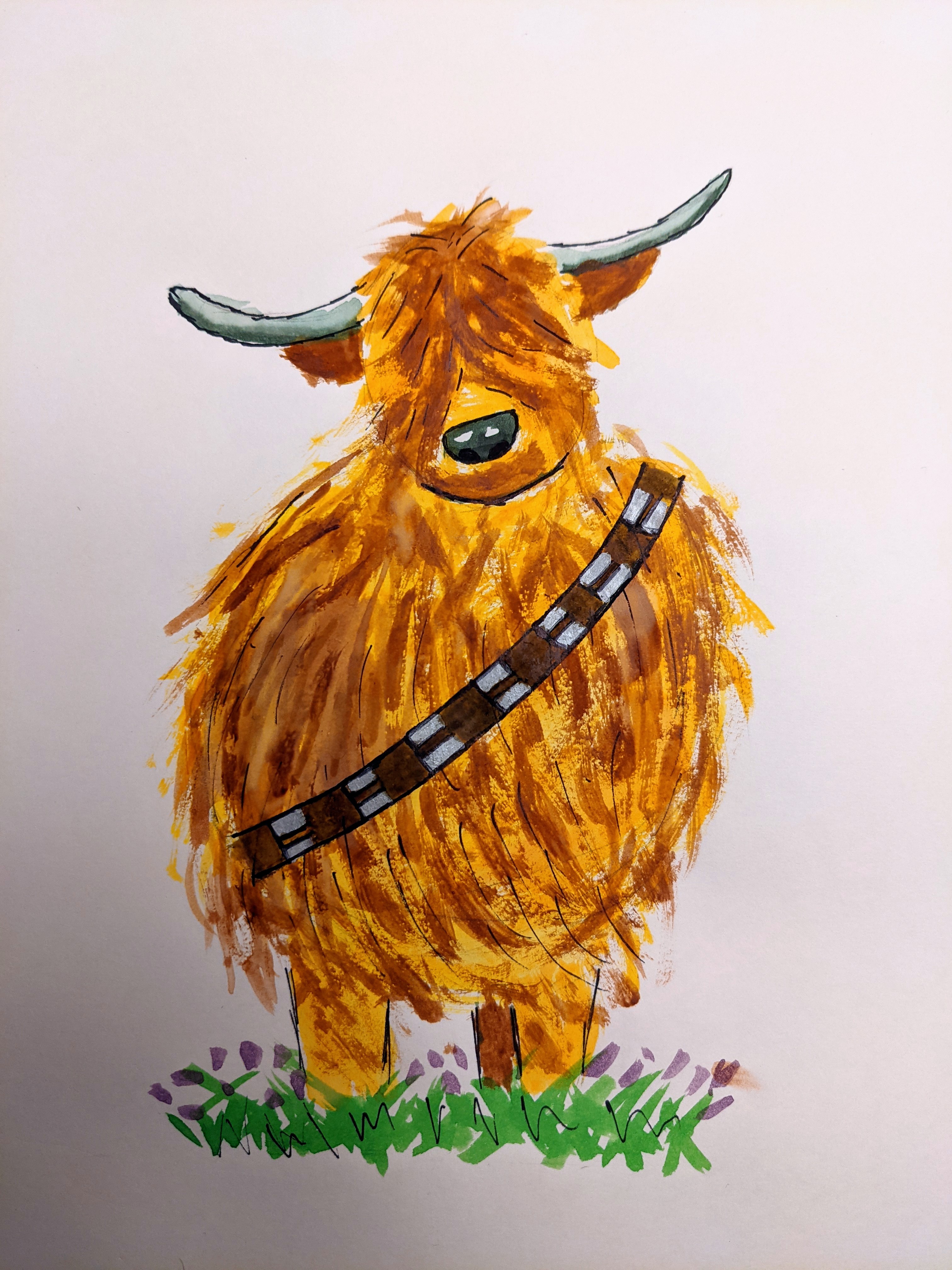 Watercolor drawing of a highland coo with characteristic shaggy fur and pointy horns with a bandolier across its body