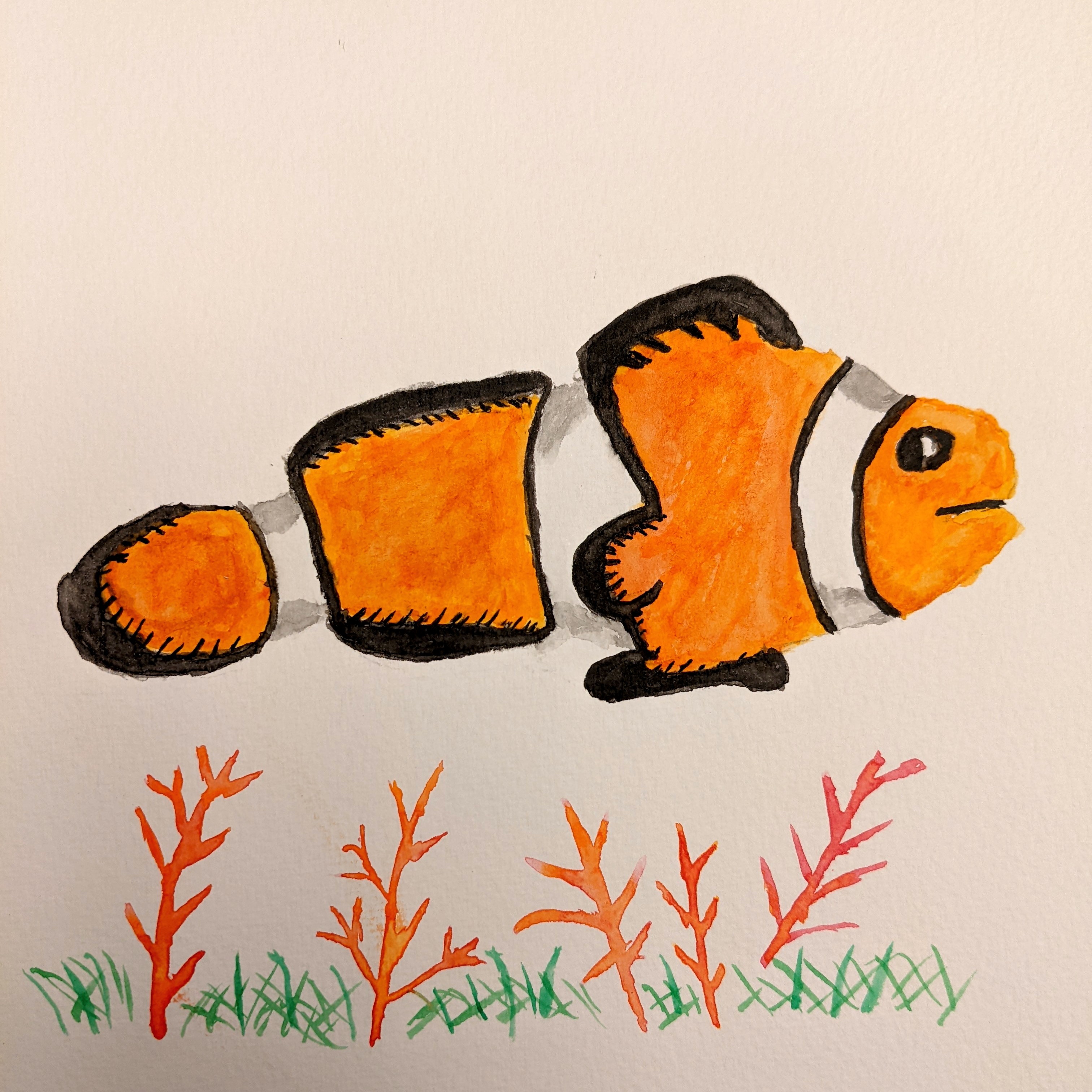 Watercolor painting of a clowfish like Nemo on white paper with some grass tufts along the bottom