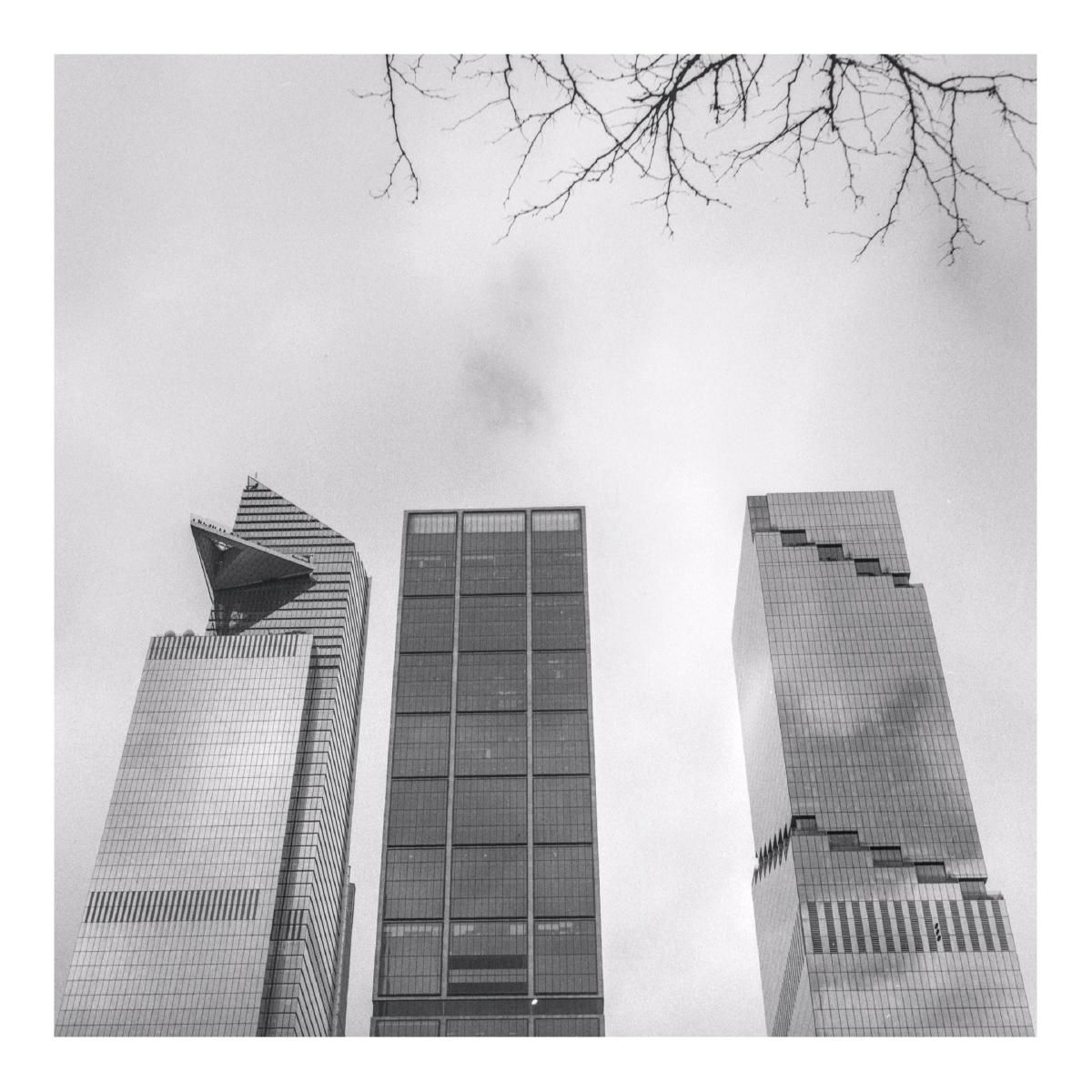Black and white photo of three sky scrapers with glass window facades are lined up with two on the left closer together and the right one with more a gap with the middle building. Each building a different take on rectangle, from left to right: stacked rectangles with triangle shapes sticking out the top, proper rectangles with square segments, rectangle exterior windows facade broken up with recessed rectangles angling down. The top right of the photo has leafless tree branches encroaching towards the top of the buildings.