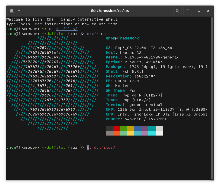 fish shell shown running in a Gnome Terminal window displaying the output of neofetch