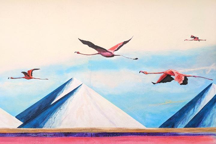 Wall mural of four flamingos at different distances away from the observer take flight with the salt mounts in the background and the pink salt flats in the foreground.