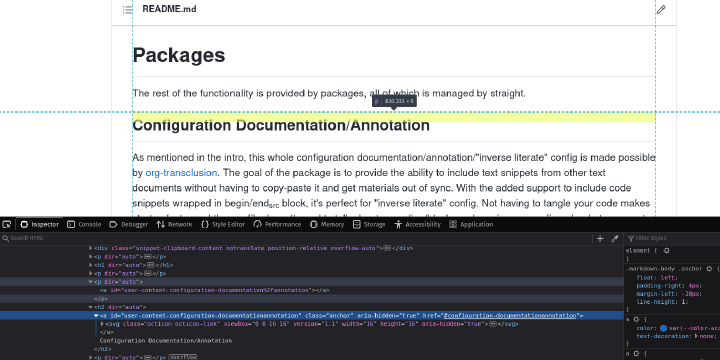 Screenshot of Readme.md file with source insepctor open in Firefox showing the actual header anchor is GitHub's internal linking and there's separate <p> with the user exported anchor from markdown.