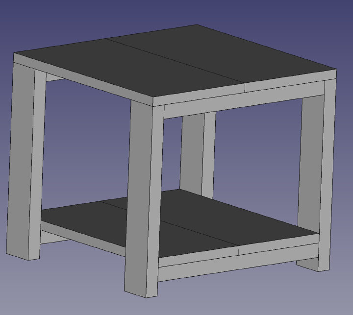 A 3D render of a small table with two boards joined lengthwise to make a top with rectangular legs and a bottom shelf with two smaller boards
