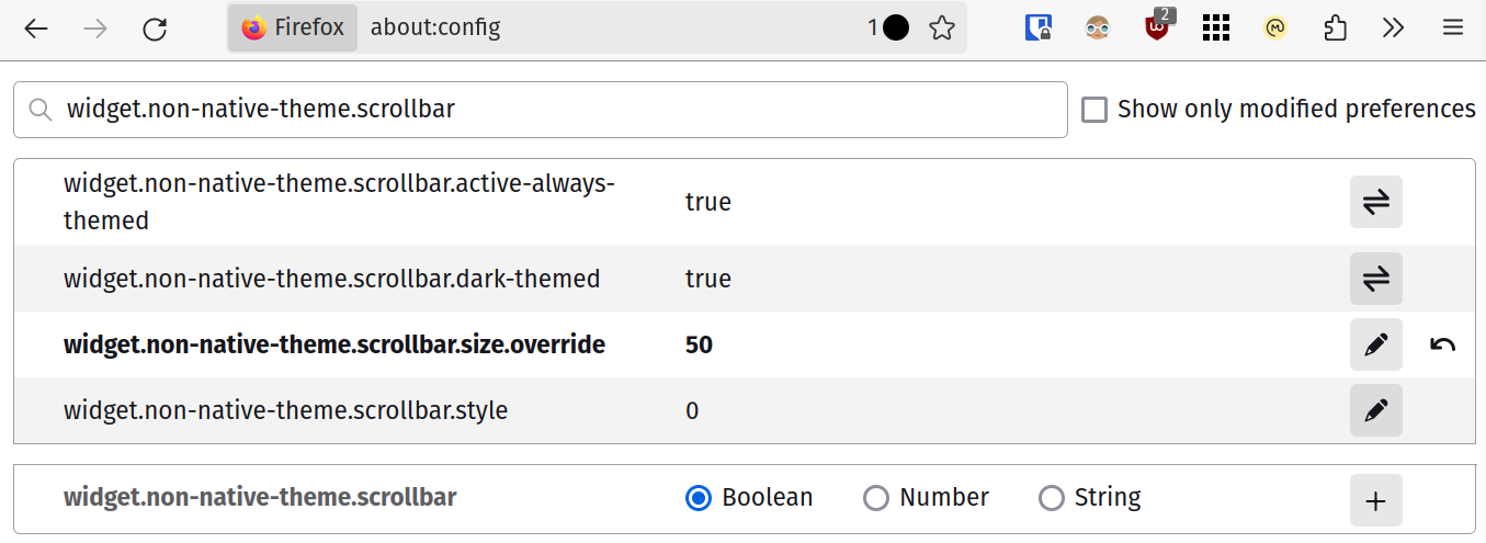 Firefox settings showing widget.non-native-theme.scrollbar.override set to 50