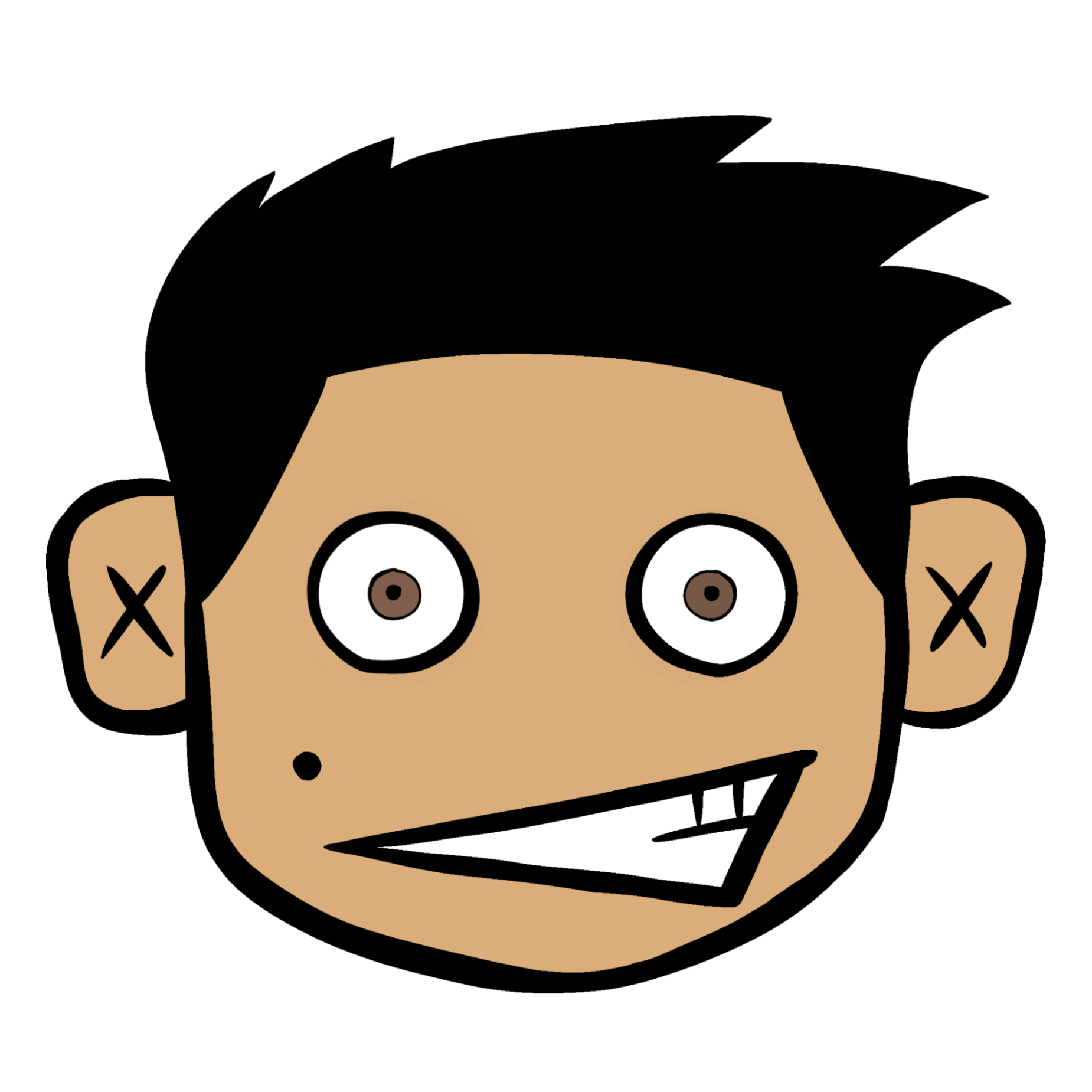 cartoon face with big eyes, offset toothy grin, mole on right cheek, and black hair