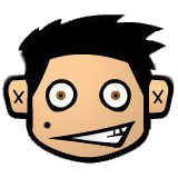 cartoon face with big eyes, offset toothy grin, mole on right cheek, and black hair, pixelated