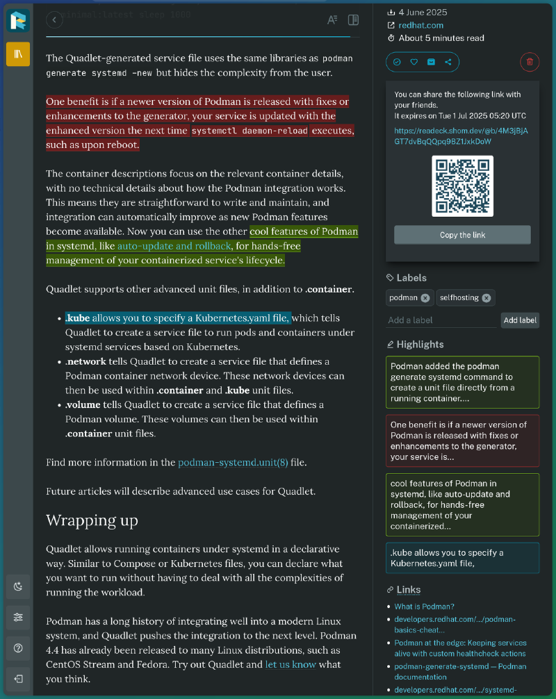 A screenshot of an article about with three different pieces highlighted in different colors and the corresponding highlighted texts appear on the right side bar in their respective colors. The sidebar also has tags and a QR code with a link that expires in a day which can be shared with the highlights available to the sharee. The bottom shows all links found in the article in a list.