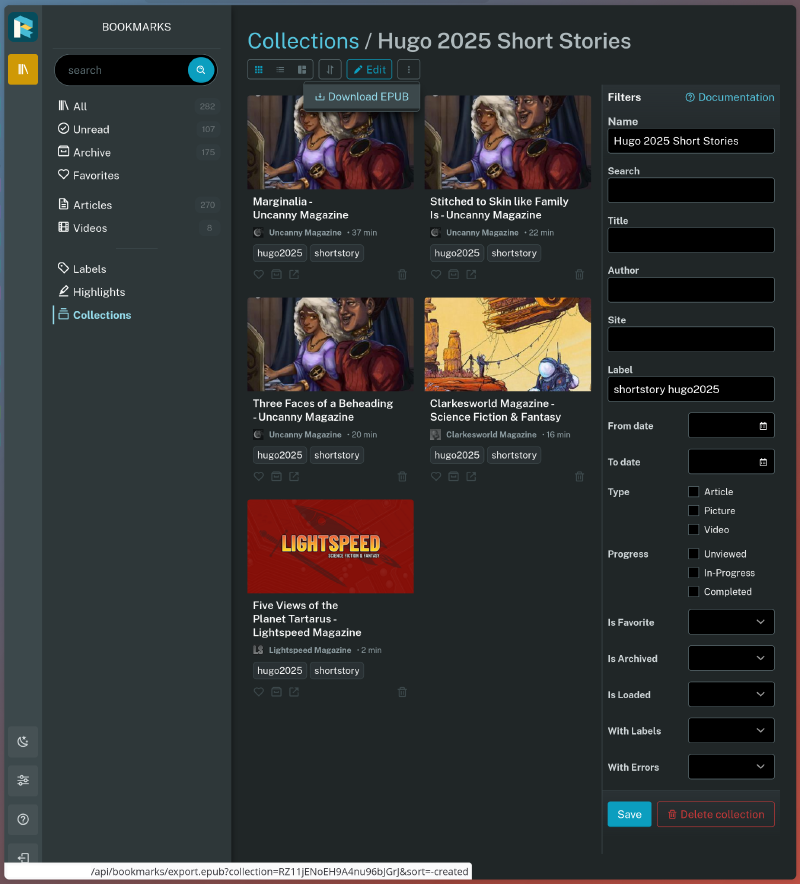 Screenshot of the Readeck interface showing several articles in a collection, with the collection filtering criteria shown on the right and a menu option that shows EPUB export.