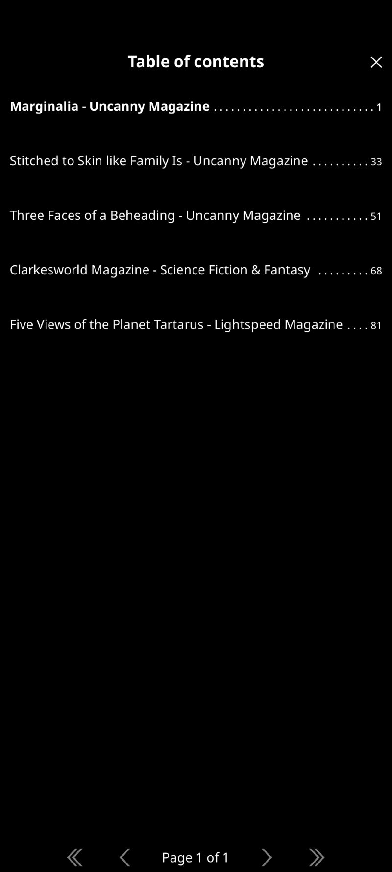 KO Reader screenshot showing the same articles as chapters in an EPUB book.