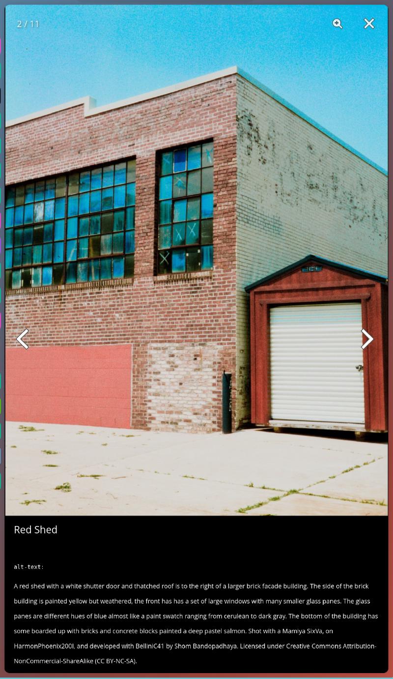 Screenshot of the image that is linked below which shows the title of 'Red Shed' and alt-text as it appears on the image.