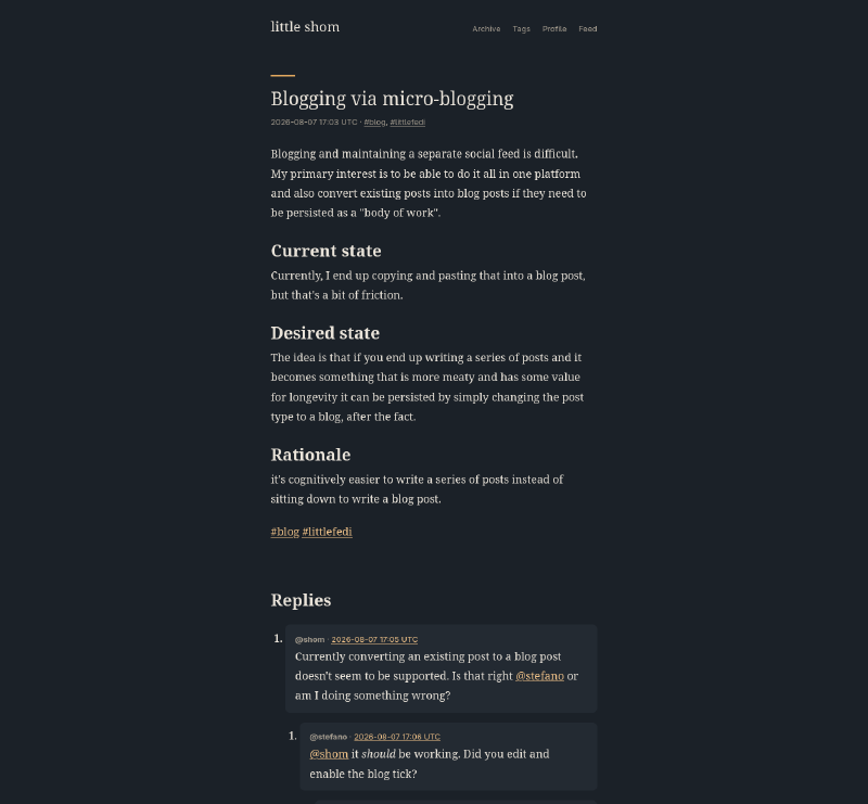 The same content has been rendered into a distinct blog interface and the comments from the fedi post are displayed as nested blog comments.