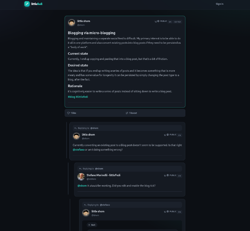 Screenshot of littleFedi default teal and black theme showing a social post with nested comments and likes and boosts metadata
