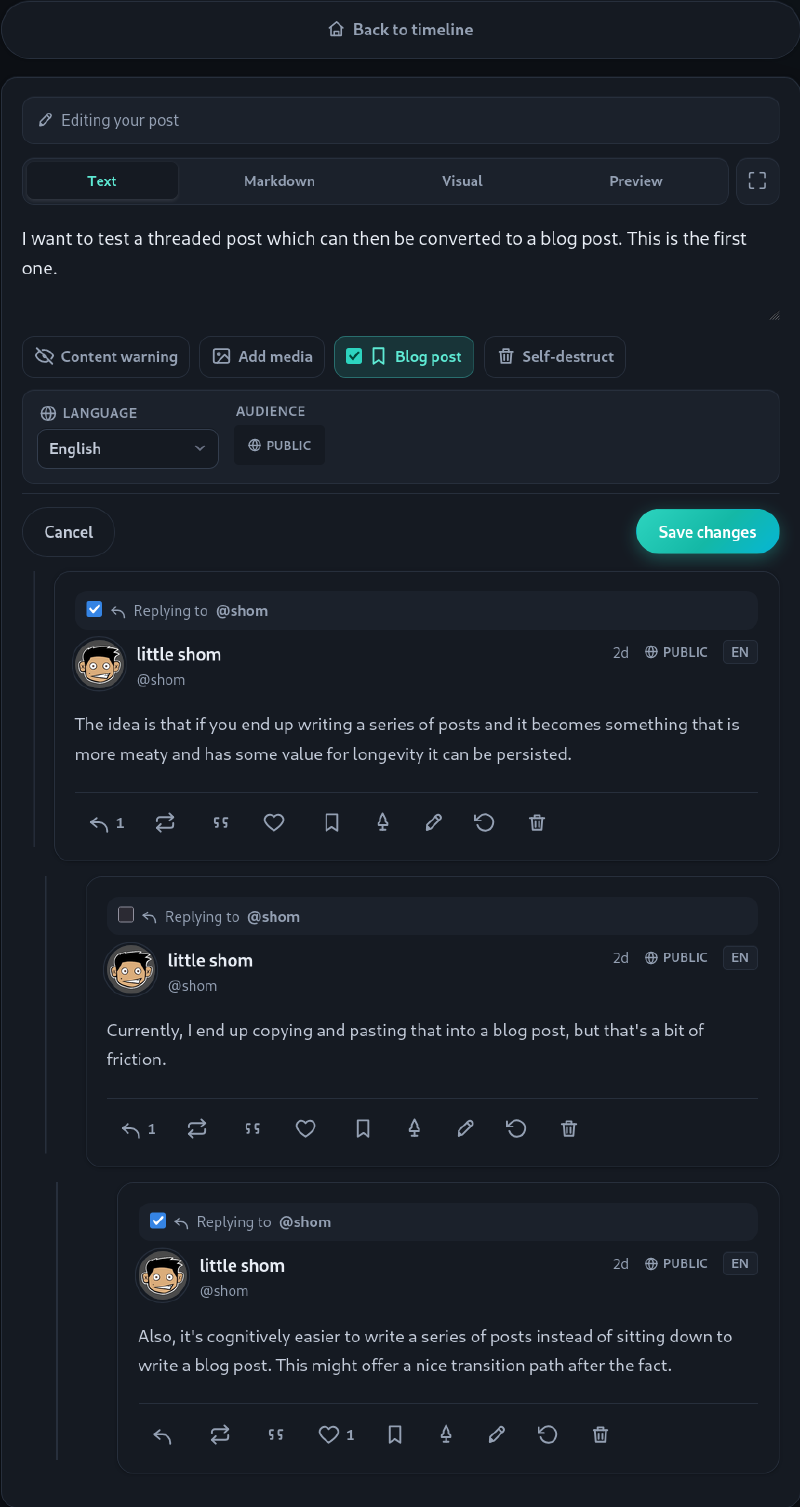 Screenshot of a html composite of the littleFedi edit inteface and threaded replies with check boxes in front of each thread, not all boxes are checked for demonstration.