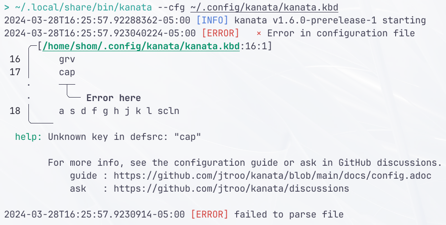 Console output showing Kanata error in keyword cap being unkown and shows the exact location of the error