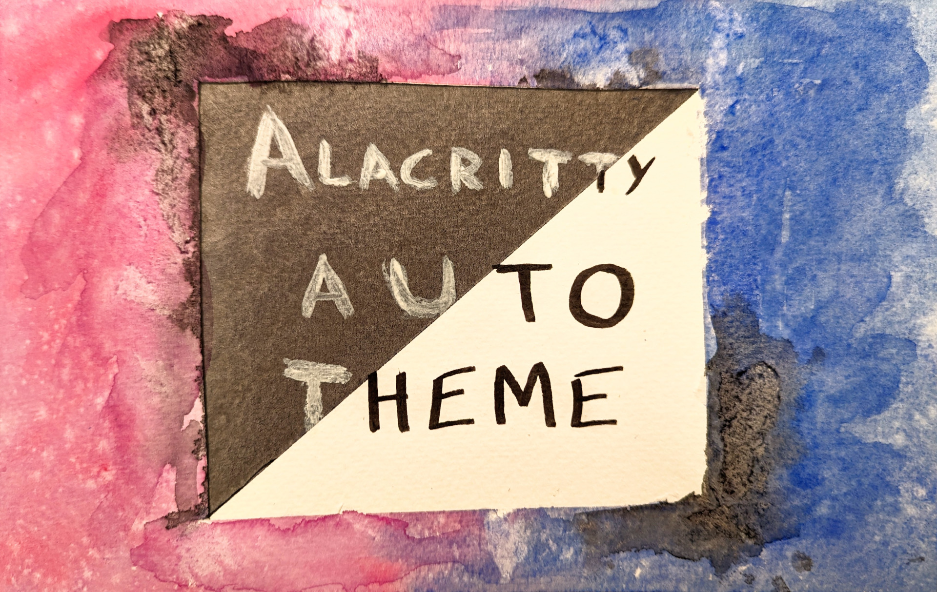 A watercolor painting with a pink/blue swirly border around a rectangle split along the diagonal with the left being black and the right being white. The text reads 'Alacritty Auto Theme' in the inverse color of the background.